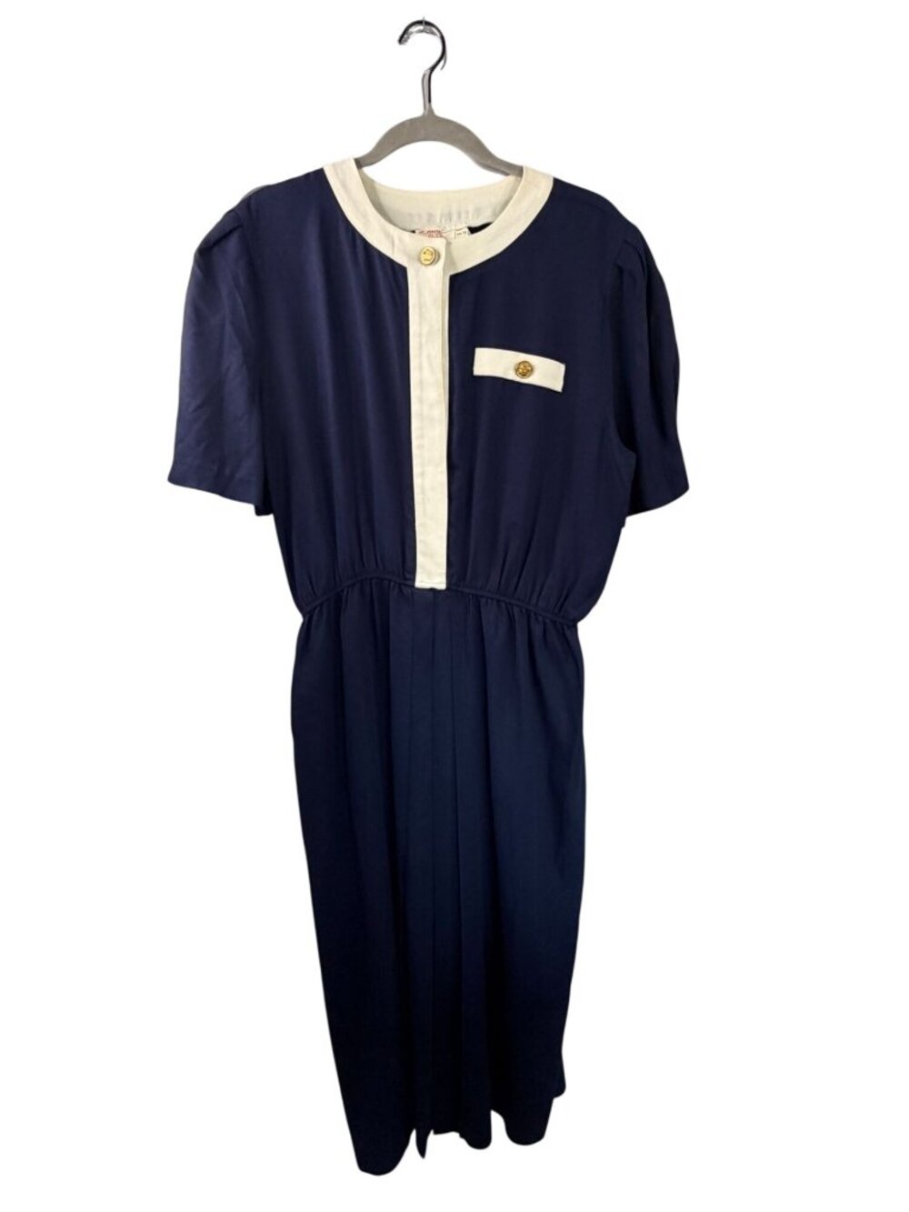 Vintage Lady Carol Navy & White Dress Gold Button Detail Short Sleeve Size 16